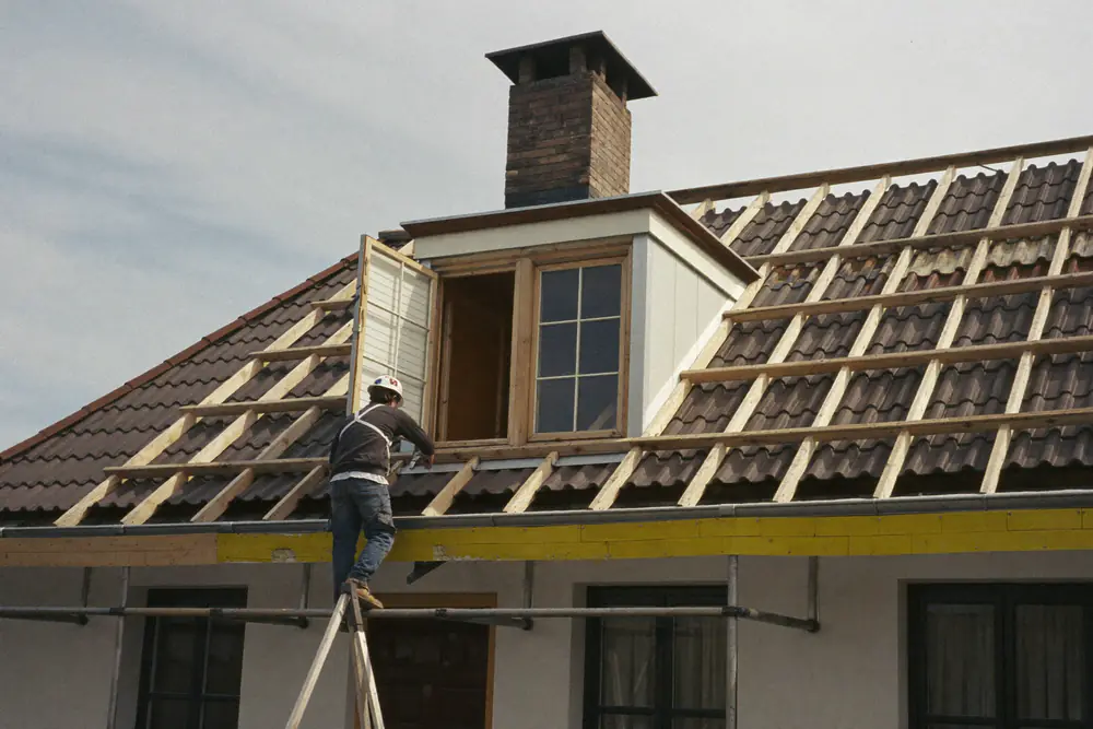 Timmerman bouwt een dakkapel ter plekke op het open dakvlak van een woning met steigers langs de gevel